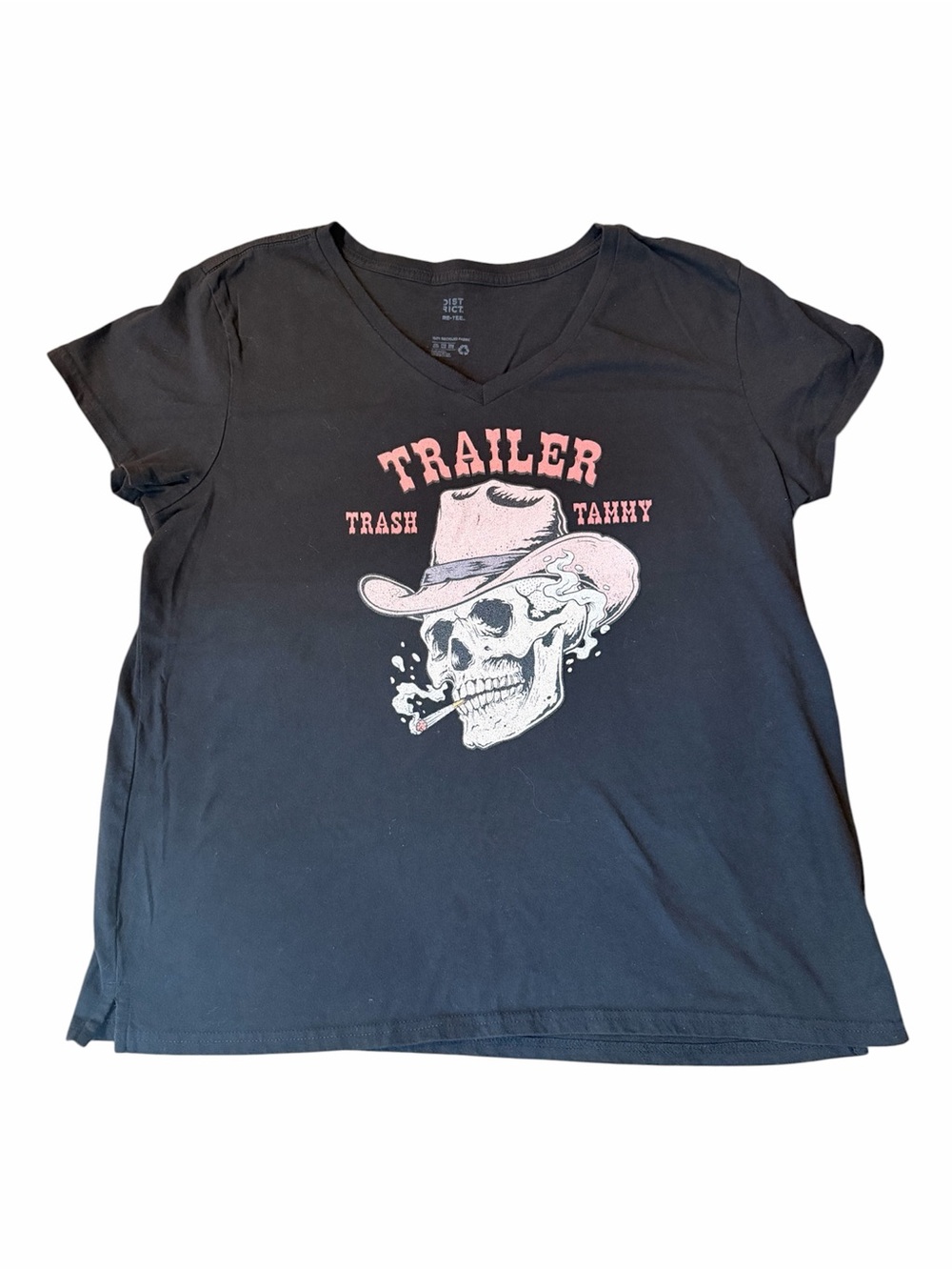 Trailer Trash Tammy Black V-Neck Tee with Pink & White Skull Cowboy Graphic